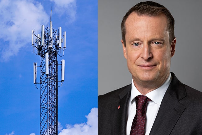 Kollage med mobilmast och Energi- och digitaliseringsminister Anders Ygeman